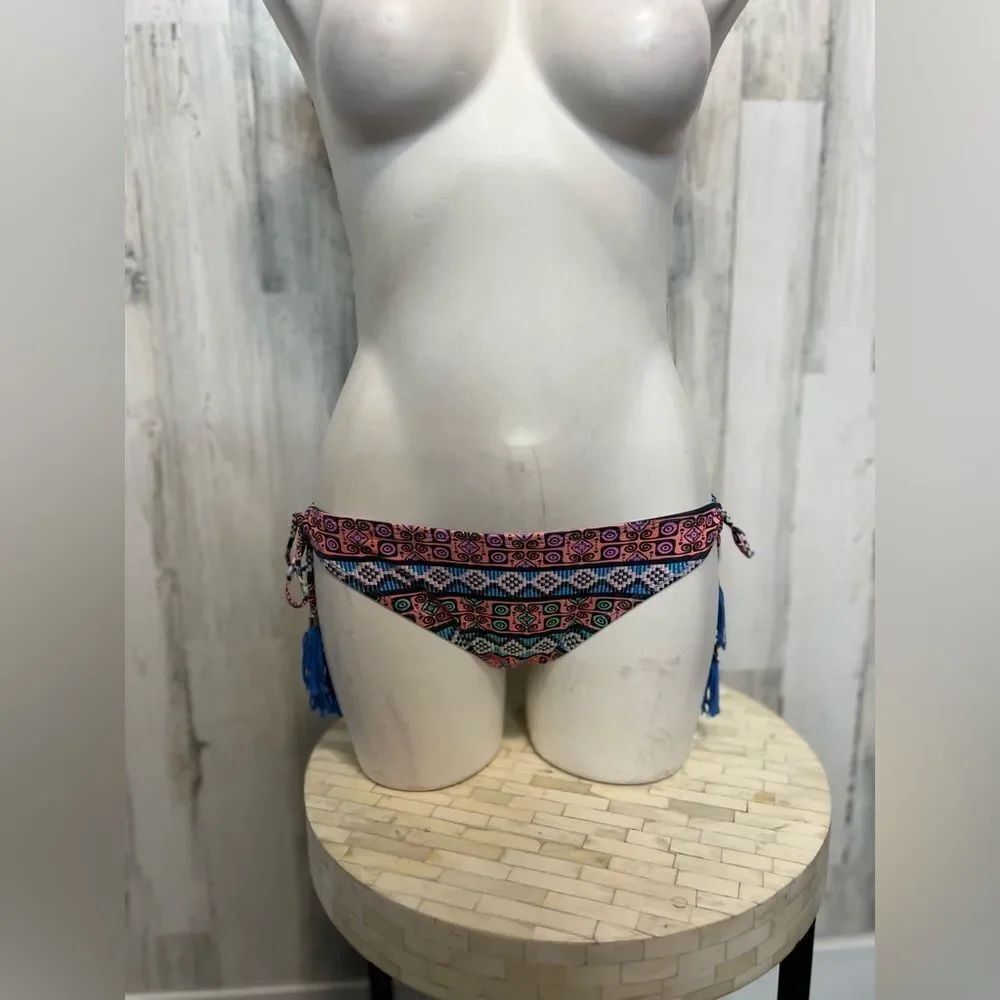 Boho Print Bikini Bottom Medium Side Tie Tassel Tribal Swim Bottom Colorful